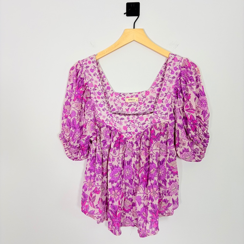 Spell Mossy Short Sleeve Blouse Purple Floral Boho Babydoll Top XS Cottagecore - Picture 2 of 6